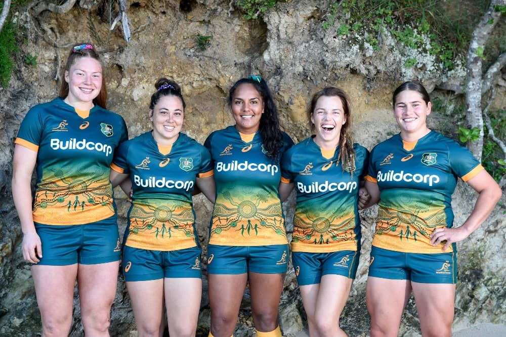 From L to R: Grace Kemp, Madi Schuck, Mahalia Murphy, Lori Cramer and Lilyann Mason-Spice in the new First Nations kit. Photo: Getty Images