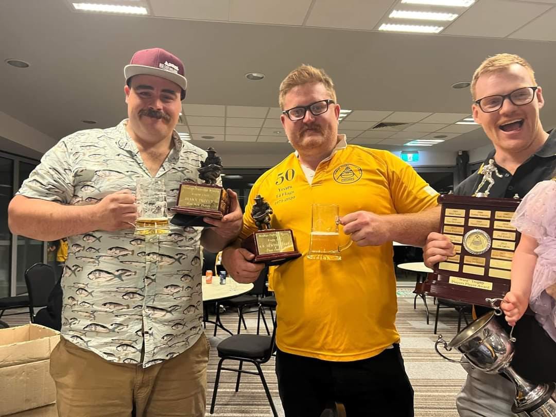 Bendigo Fighting Miners Club Secretary Jakeb Sheahan (centre) in typical stance with Alan Newnham and Matt Boyle at the club's 2021 Presentation Night.