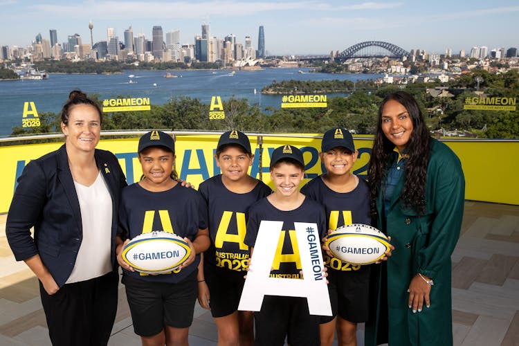Shannon Parry and Mahalia Murphy with kids at the launch of Australia 2027 & 2029 | Getty Images